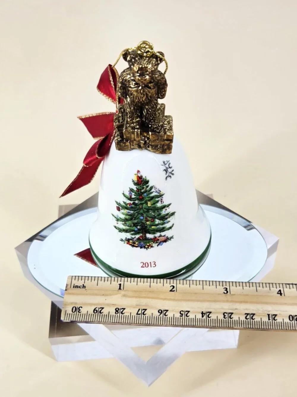 Spode 2013 Teddy Bear Christmas Tree Porcelain Bell Ornament Red Ribbon Bow NOS